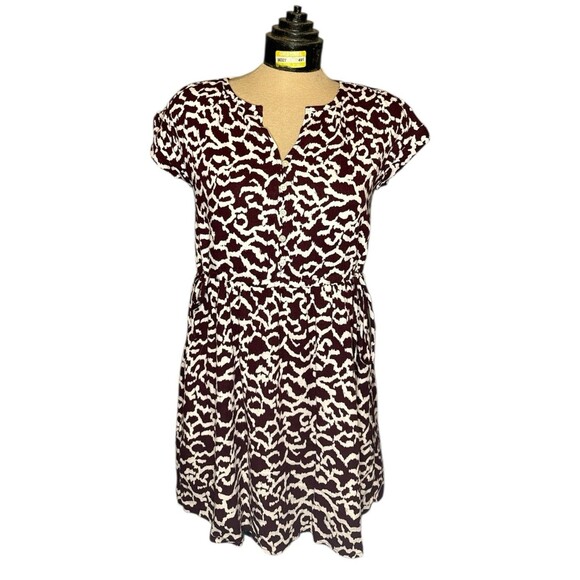 Ann Taylor Loft Brown White Button Up Short Sleeve V-Neck Tie Waist Dress XXSP - Picture 1 of 8